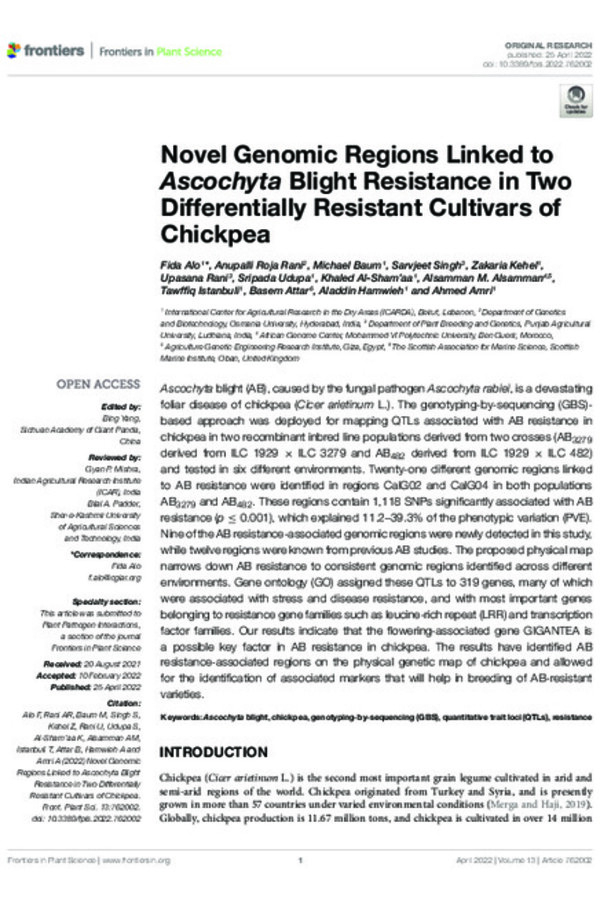 Novel Genomic Regions Linked to Ascochyta Blight Resistance in Two Differentially Resistant Cultivars of Chickpea Novel Genomic Regions Linked to Ascochyta Blight Resistance in Two Differentially Resistant Cultivars of Chickpea