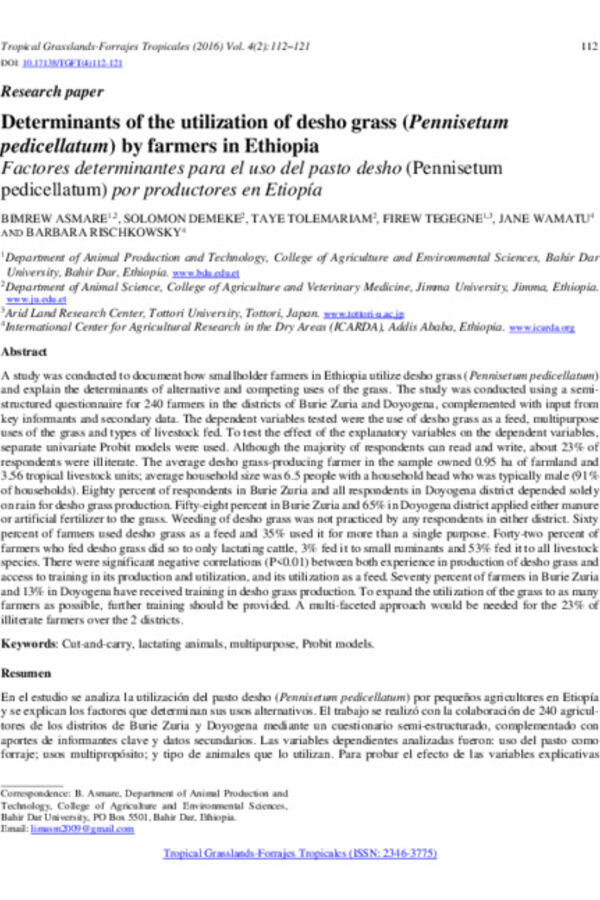 Determinants of the utilization of desho grass (Pennisetum pedicellatum) by farmers in Ethiopia Determinants of the utilization of desho grass (Pennisetum pedicellatum) by farmers in Ethiopia