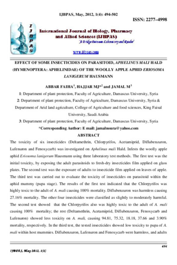 Effect of some insecticides on parasitoid, aphelinus mali hald (hymenoptera: aphelinidae) of the woolly apple aphid eriosoma Lanigerum Hausmann
