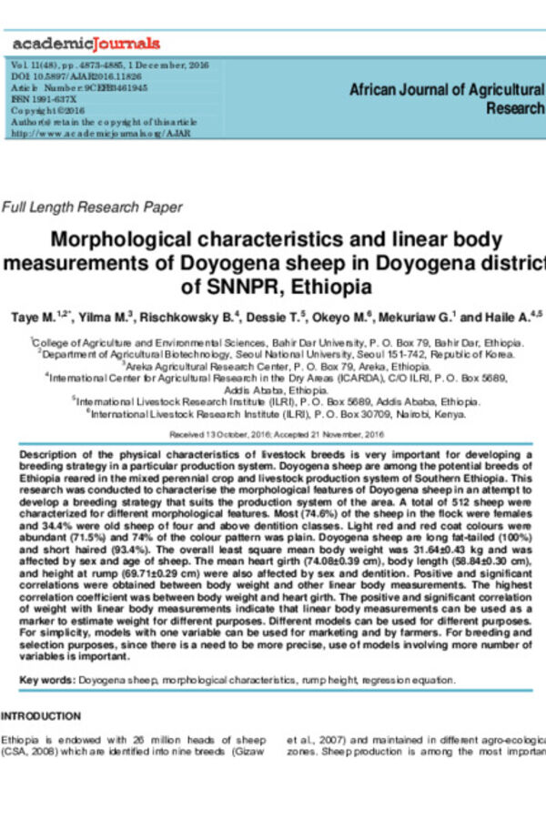 Morphological characteristics and linear body measurements of Doyogena sheep in Doyogena district of SNNPR, Ethiopia Morphological characteristics and linear body measurements of Doyogena sheep in Doyogena district of SNNPR, Ethiopia