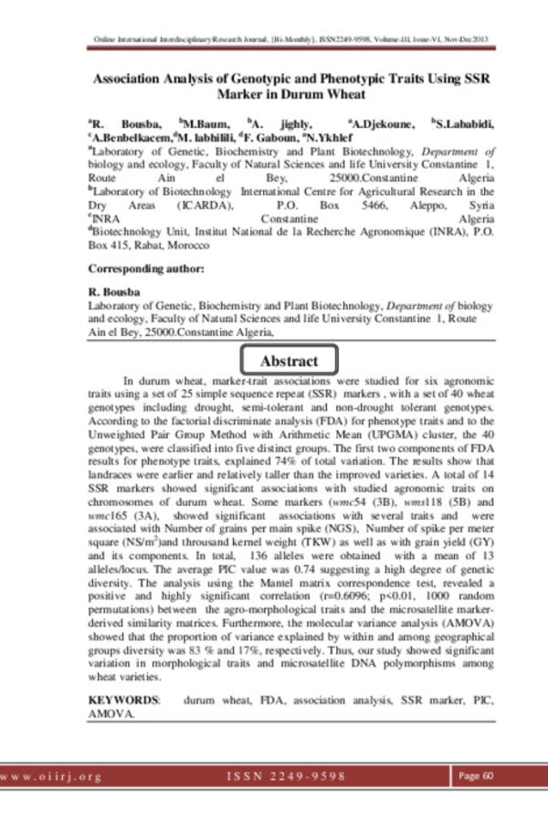 Association Analysis of Genotypic and Phenotypic Traits Using SSR Marker in Durum Wheat