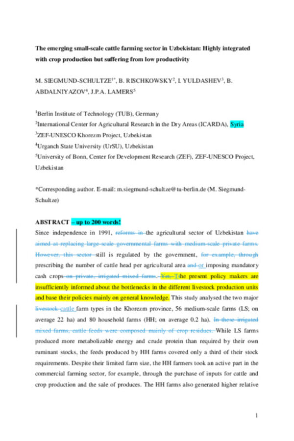 The emerging small-scale cattle farming sector in Uzbekistan: Highly integrated with crop production but suffering from low productivity The emerging small-scale cattle farming sector in Uzbekistan: Highly integrated with crop production but suffering from low productivity