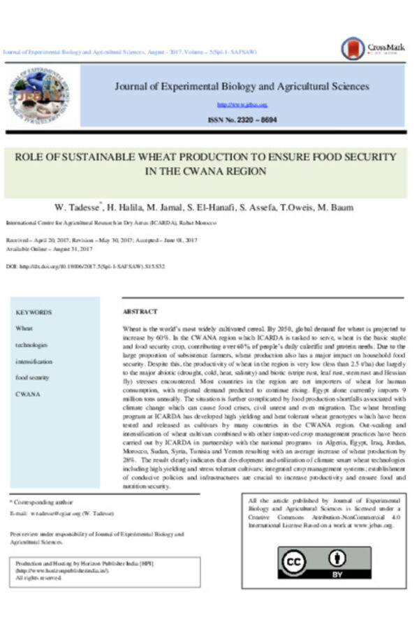 Role of Sustainable Wheat Production to Ensure Food Security in the CWANA region