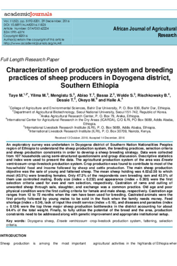 Characterization of production system and breeding practices of sheep producers in Doyogena district, Southern Ethiopia Characterization of production system and breeding practices of sheep producers in Doyogena district, Southern Ethiopia