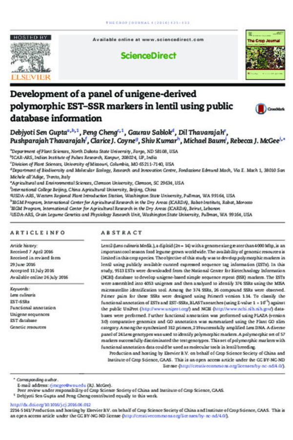 Development of a panel of unigene derived polymorphic EST-SSR markers in lentil using public database information Development of a panel of unigene derived polymorphic EST-SSR markers in lentil using public database information