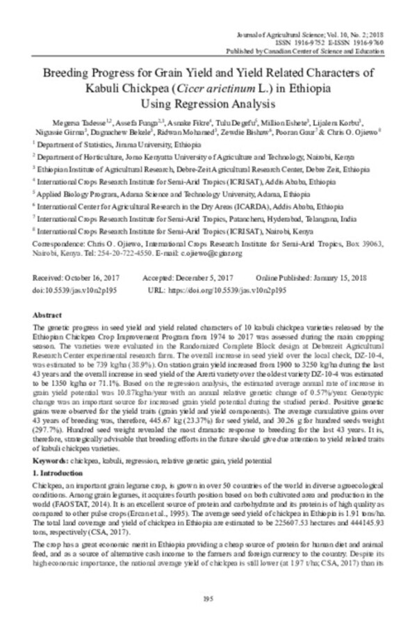 Breeding Progress for Grain Yield and Yield Related Characters of Kabuli Chickpea (Cicer arietinum L.) in Ethiopia Using Regression Analysis