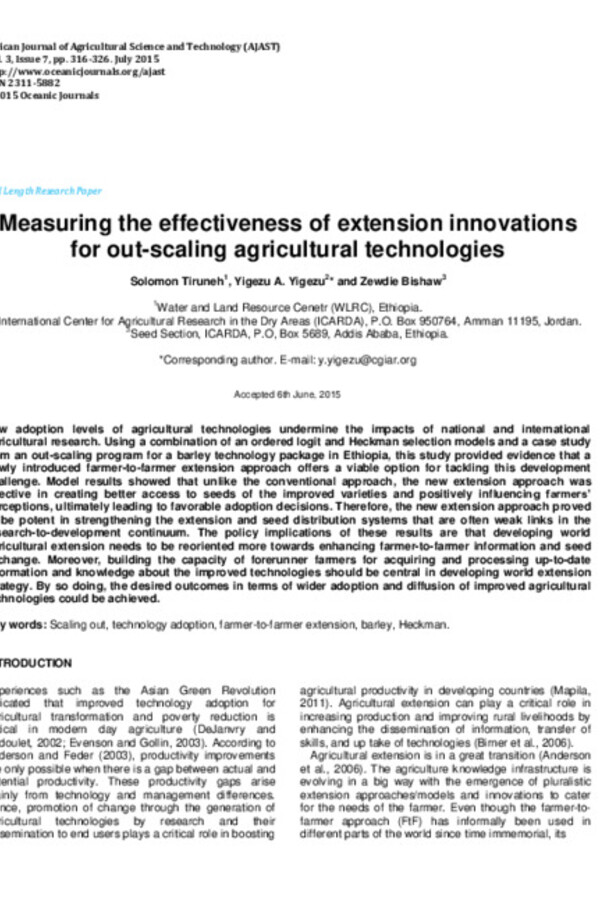 Measuring the effectiveness of extension innovations for out-scaling agricultural technologies