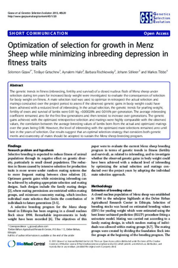 Optimization of selection for growth in Menz Sheep while minimizing inbreeding depression in fitness traits Optimization of selection for growth in Menz Sheep while minimizing inbreeding depression in fitness traits