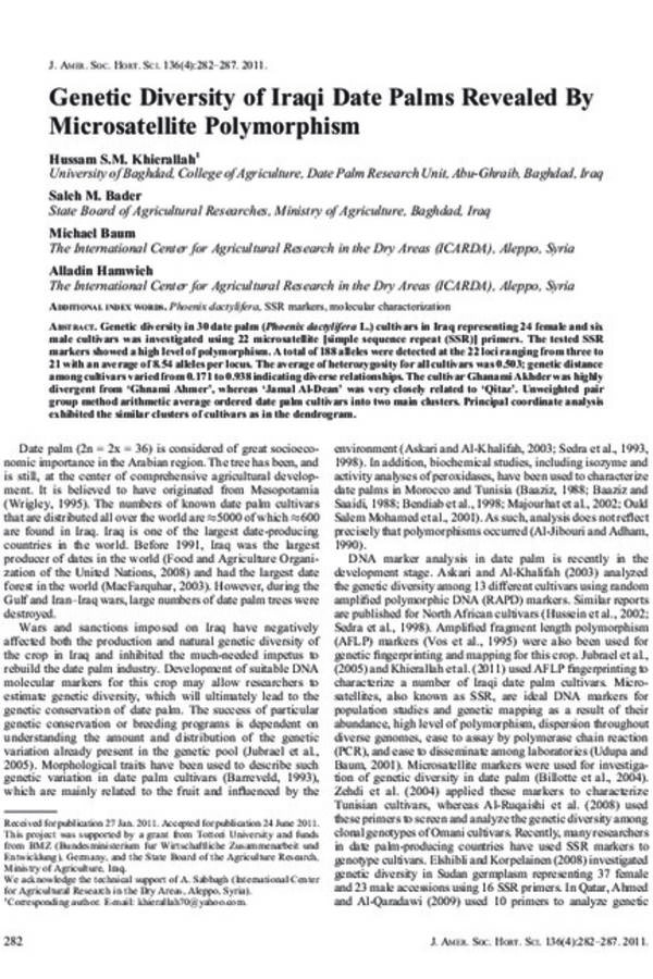 Genetic Diversity of Iraqi Date Palms Revealed By Microsatellite Polymorphism
