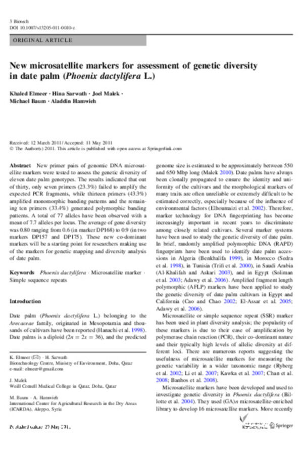 New microsatellite markers for assessment of genetic diversity in date palm (Phoenix dactylifera L.)