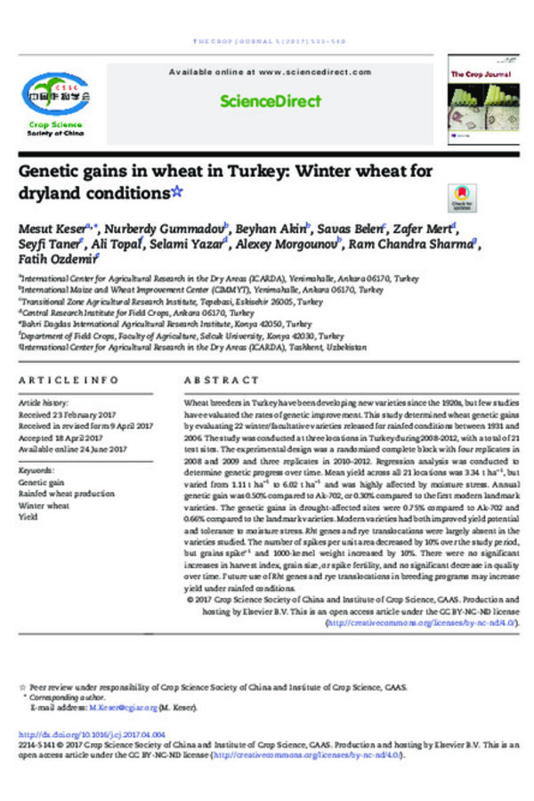 Genetic gains in wheat in Turkey: winter wheat for dryland conditions