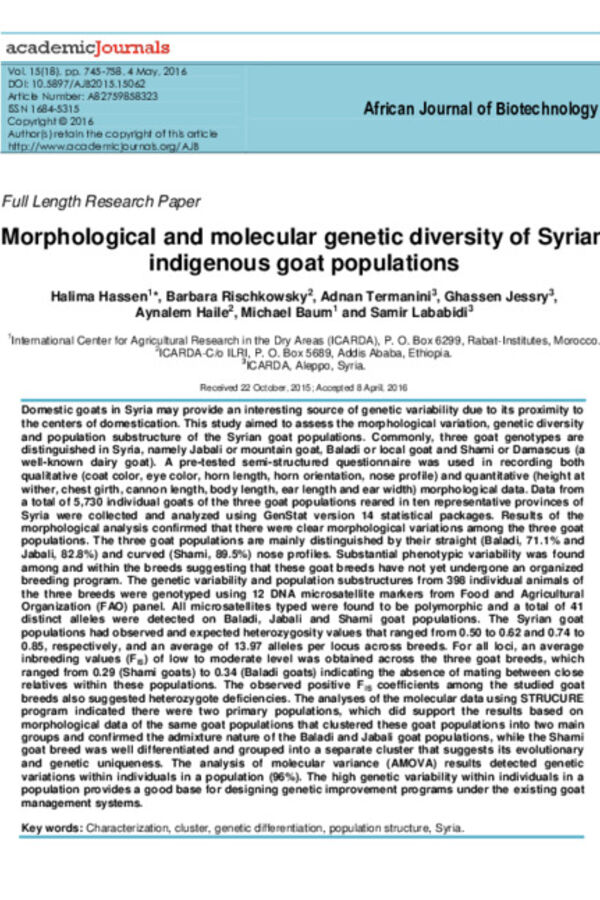 Morphological and molecular genetic diversity of Syrian indigenous goat populations Morphological and molecular genetic diversity of Syrian indigenous goat populations