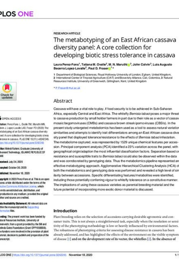 The metabotyping of an East African cassava diversity panel: A core collection for developing biotic stress tolerance in cassava