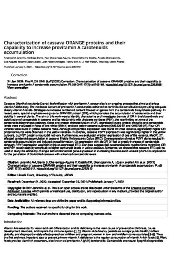 Characterization of cassava ORANGE proteins and their capability to increase provitamin A carotenoids accumulation