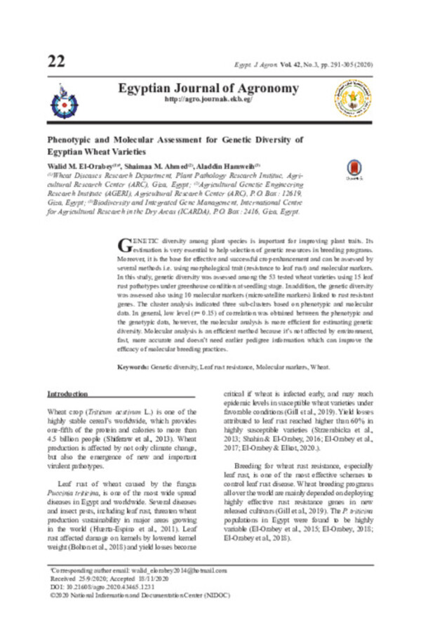 Phenotypic and Molecular Assessment for Genetic Diversity of Egyptian Wheat Varieties Phenotypic and Molecular Assessment for Genetic Diversity of Egyptian Wheat Varieties
