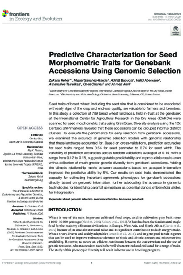 Predictive Characterization for Seed Morphometric Traits for Genebank Accessions Using Genomic Selection Predictive Characterization for Seed Morphometric Traits for Genebank Accessions Using Genomic Selection