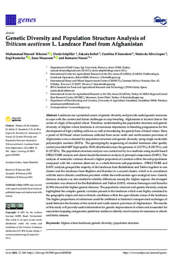 Genetic Diversity and Population Structure Analysis of Triticum aestivum L. Landrace Panel from Afghanistan Genetic Diversity and Population Structure Analysis of Triticum aestivum L. Landrace Panel from Afghanistan