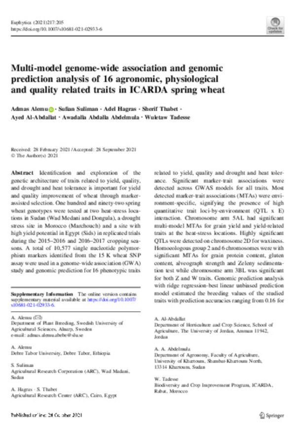 Multi-model genome-wide association and genomic prediction analysis of 16 agronomic, physiological and quality related traits in ICARDA spring wheat
