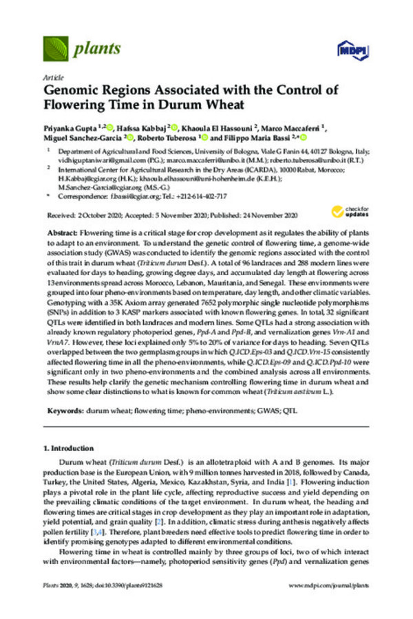 Genomic Regions Associated with the Control of Flowering Time in Durum Wheat Genomic Regions Associated with the Control of Flowering Time in Durum Wheat