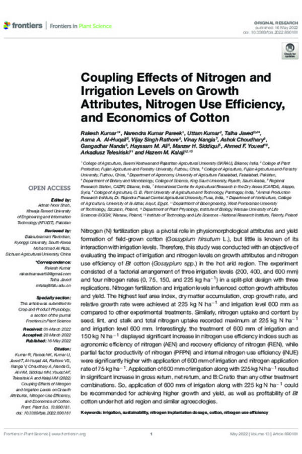 Coupling Effects of Nitrogen and Irrigation Levels on Growth Attributes, Nitrogen Use Efficiency, and Economics of Cotton