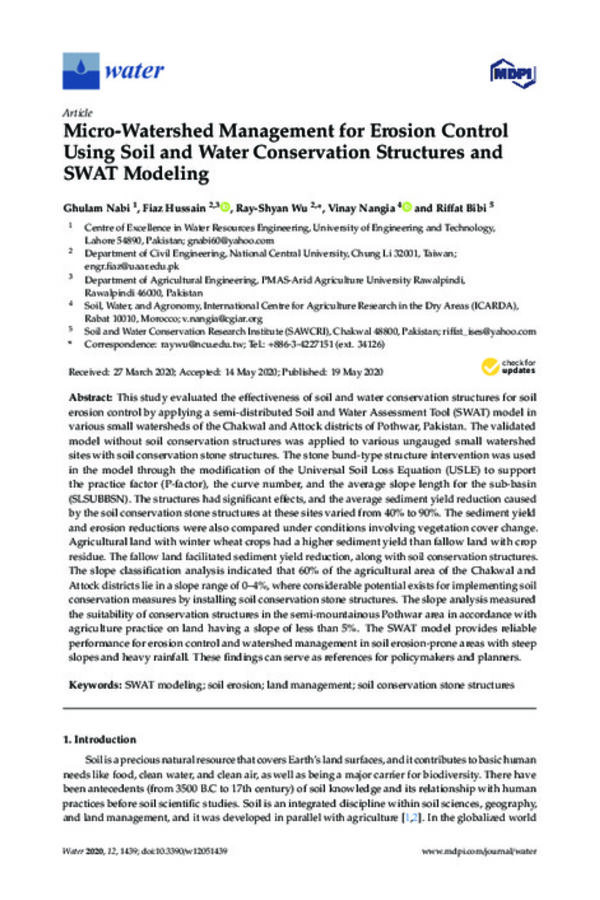Micro-Watershed Management for Erosion Control Using Soil and Water Conservation Structures and SWAT Modeling Micro-Watershed Management for Erosion Control Using Soil and Water Conservation Structures and SWAT Modeling