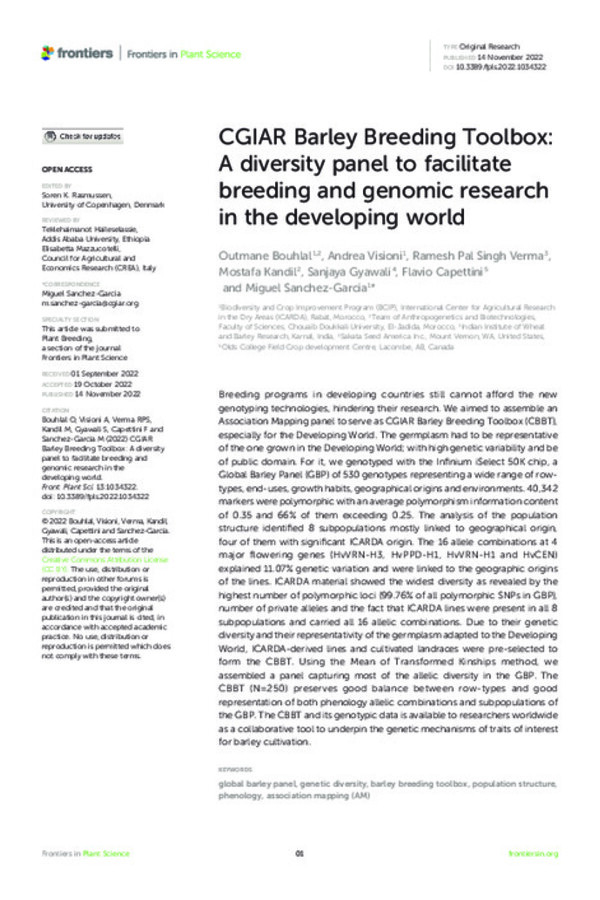 CGIAR Barley Breeding Toolbox: A diversity panel to facilitate breeding and genomic research in the developing world CGIAR Barley Breeding Toolbox: A diversity panel to facilitate breeding and genomic research in the developing world