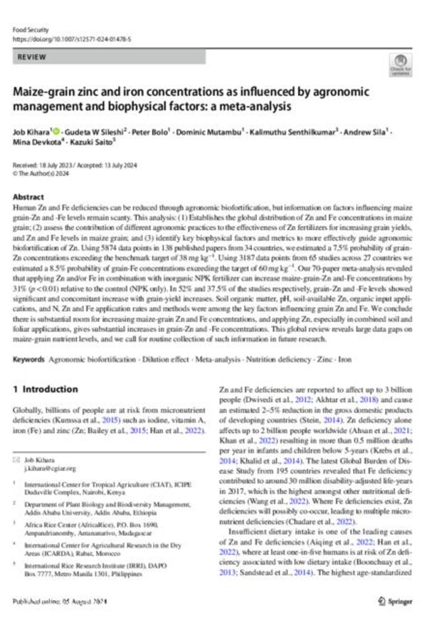 Maize-grain zinc and iron concentrations as influenced by agronomic management and biophysical factors: a meta-analysis Maize-grain zinc and iron concentrations as influenced by agronomic management and biophysical factors: a meta-analysis
