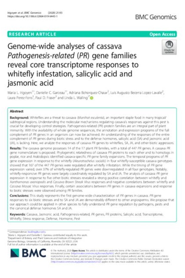 Genome-wide analyses of cassava Pathogenesis-related (PR) gene families reveal core transcriptome responses to whitefly infestation, salicylic acid and jasmonic acid