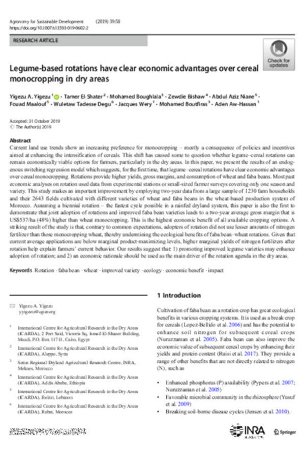 Legume-based rotations have clear economic advantages over cereal monocropping in dry areas Legume-based rotations have clear economic advantages over cereal monocropping in dry areas