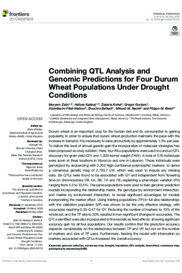 Combining QTL Analysis and Genomic Predictions for Four Durum Wheat Populations Under Drought Conditions Combining QTL Analysis and Genomic Predictions for Four Durum Wheat Populations Under Drought Conditions