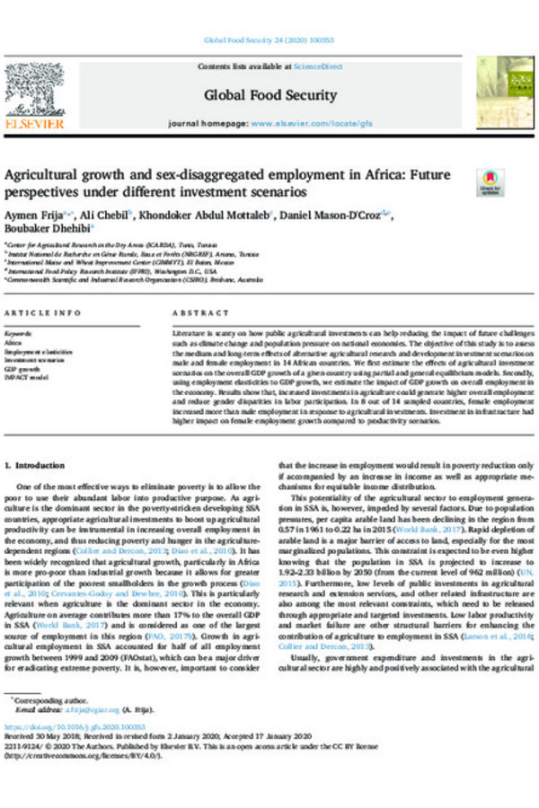 Agricultural growth and sex-disaggregated employment in Africa: Future perspectives under different investment scenarios Agricultural growth and sex-disaggregated employment in Africa: Future perspectives under different investment scenarios