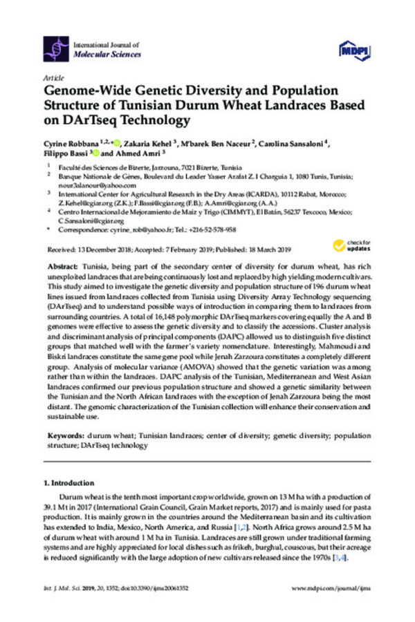 Genome-Wide Genetic Diversity and Population Structure of Tunisian Durum Wheat Landraces Based on DArTseq Technology Genome-Wide Genetic Diversity and Population Structure of Tunisian Durum Wheat Landraces Based on DArTseq Technology