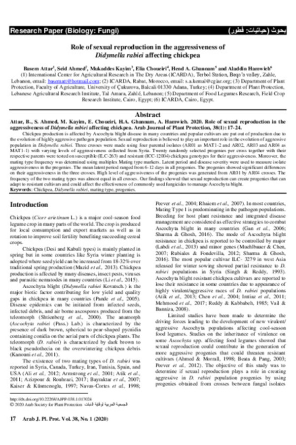 Role of sexual reproduction in the aggressiveness of Didymella rabiei affecting chickpea