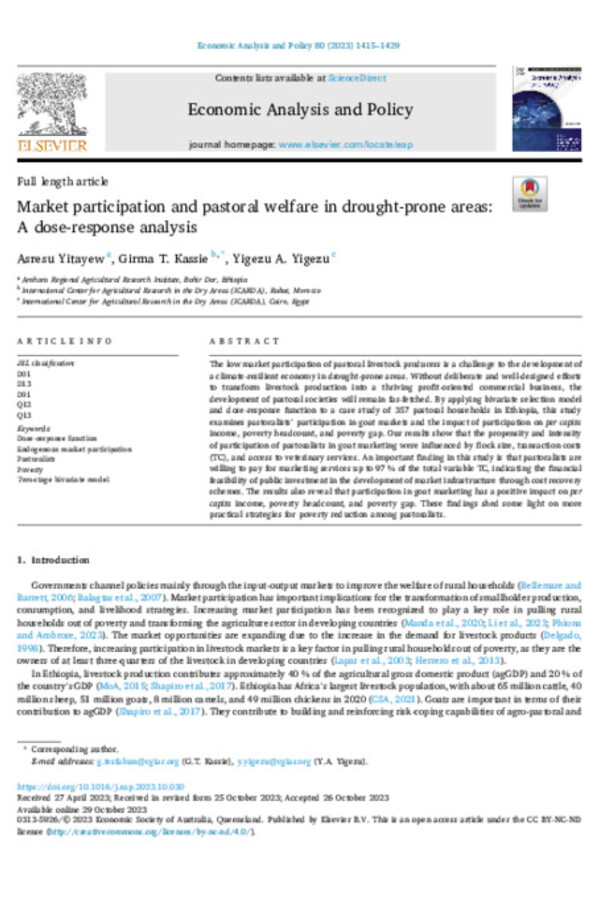 Market participation and pastoral welfare in drought-prone areas: A dose-response analysis 