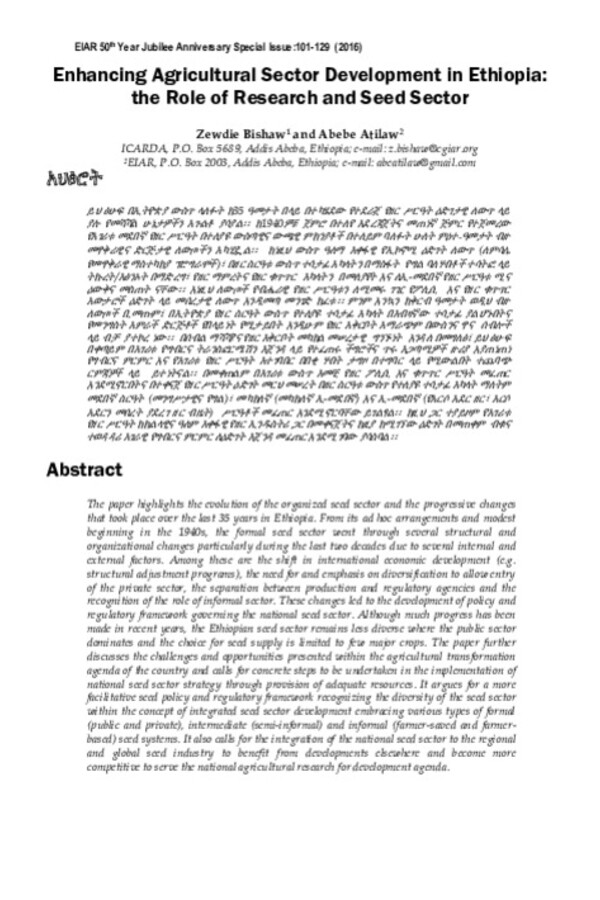 Enhancing Agricultural Sector Development in Ethiopia: the Role of Research and Seed Sector