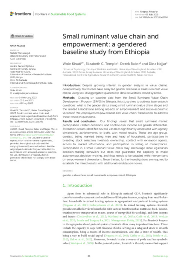 Small ruminant value chain and empowerment: a gendered baseline study from Ethiopia