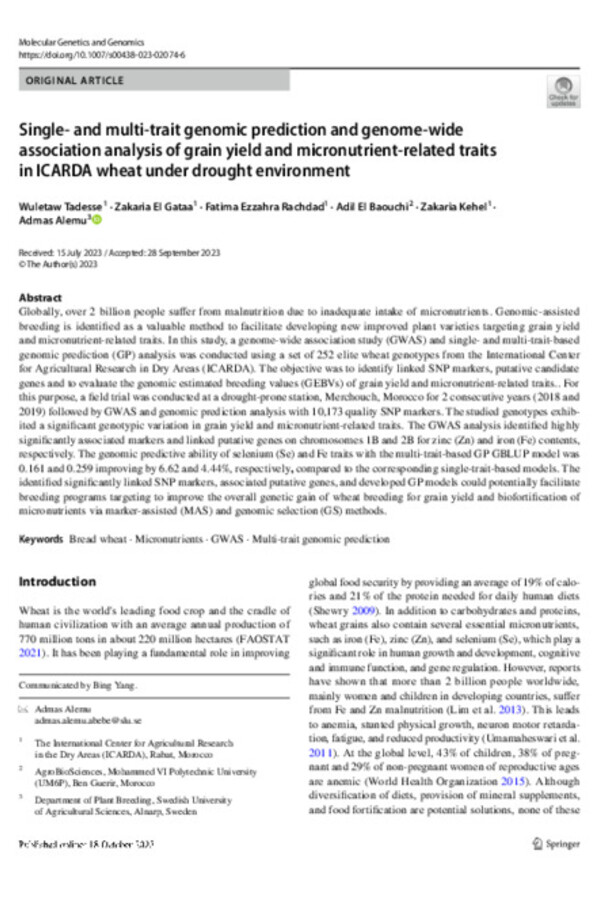 Single‑ and multi‑trait genomic prediction and genome‑wide association analysis of grain yield and micronutrient‑related traits  in ICARDA wheat under drought environment