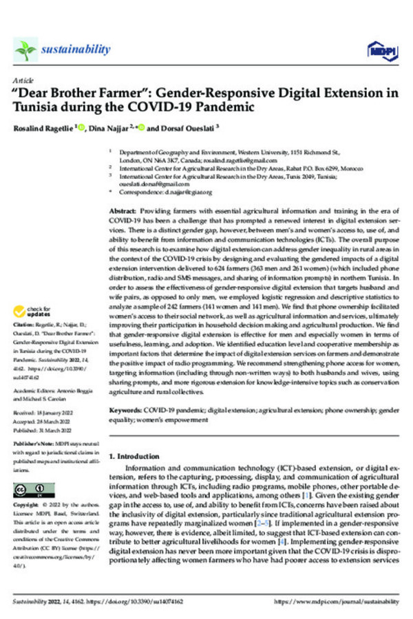 “Dear brother farmer”: Gender, agriculture and digital extension in rural Tunisia during the COVID-19 pandemic
