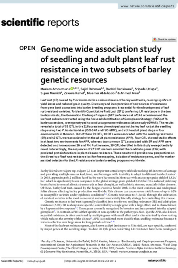 Genome wide association study of seedling and adult plant leaf rust resistance in two subsets of barley genetic resources
