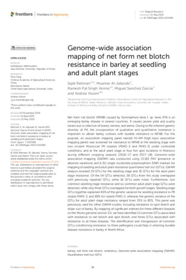 Genome-wide association mapping of net form net blotch resistance in barley at seedling and adult plant stages Genome-wide association mapping of net form net blotch resistance in barley at seedling and adult plant stages