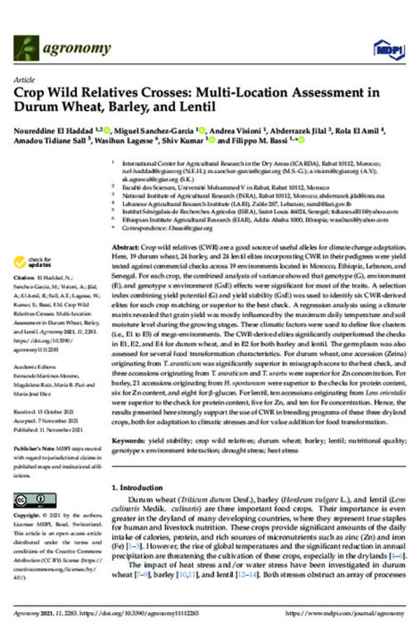 Crop Wild Relatives Crosses: Multi-Location Assessment in Durum Wheat, Barley, and Lentil Crop Wild Relatives Crosses: Multi-Location Assessment in Durum Wheat, Barley, and Lentil