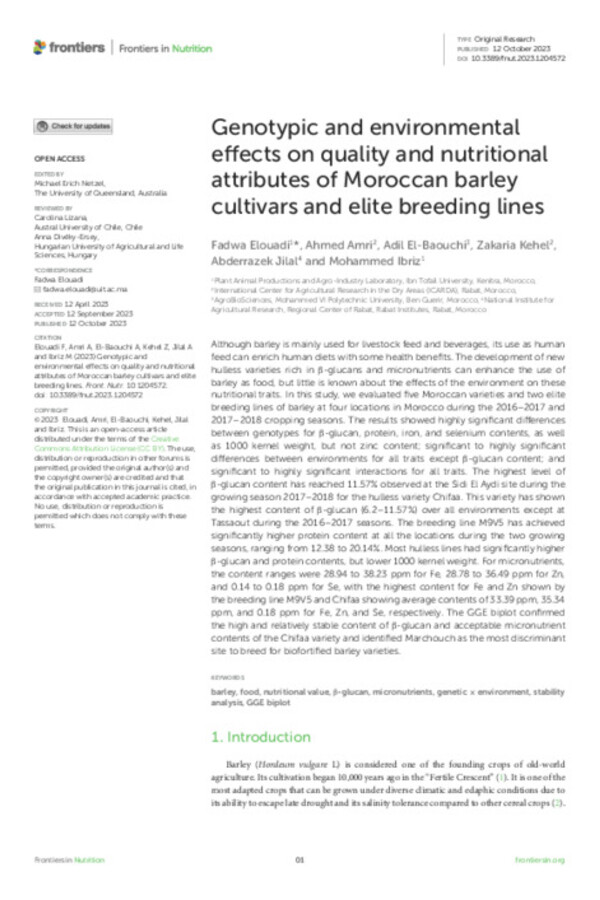 Genotypic and environmental effects on quality and nutritional attributes of Moroccan barley cultivars and elite breeding lines Genotypic and environmental effects on quality and nutritional attributes of Moroccan barley cultivars and elite breeding lines