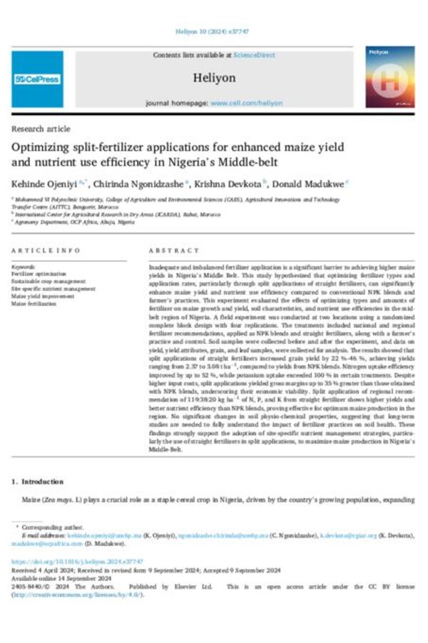 Optimizing split-fertilizer applications for enhanced maize yield and nutrient use efficiency in Nigeria’s Middle-belt Optimizing split-fertilizer applications for enhanced maize yield and nutrient use efficiency in Nigeria’s Middle-belt