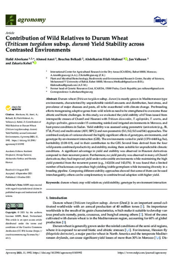 Contribution of Wild Relatives to Durum Wheat (Triticum turgidum subsp. durum) Yield Stability across Contrasted Environments Contribution of Wild Relatives to Durum Wheat (Triticum turgidum subsp. durum) Yield Stability across Contrasted Environments