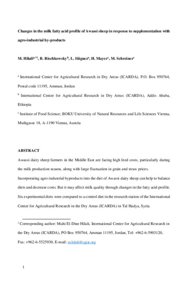Changes in the milk fatty acid profile of Awassi sheep in response to supplementation with agro-industrial by-products Changes in the milk fatty acid profile of Awassi sheep in response to supplementation with agro-industrial by-products