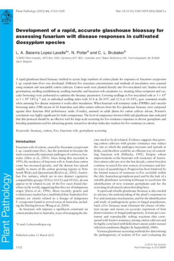 Development of a rapid, accurate glasshouse bioassay for assessing fusarium wilt disease responses in cultivated Gossypium species