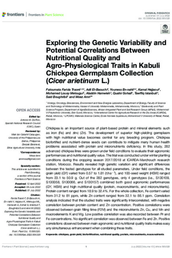 Exploring the Genetic Variability and Potential Correlations Between Nutritional Quality and Agro-Physiological Traits in Kabuli Chickpea Germplasm Collection (Cicer arietinum L.)