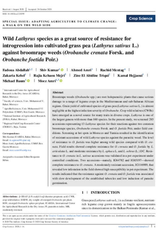 Wild Lathyrus species as a great source of resistance forintrogression into cultivated grass pea (Lathyrus sativus L.)against broomrape weeds (Orobanche crenata Forsk. andOrobanche foetida Poir .)