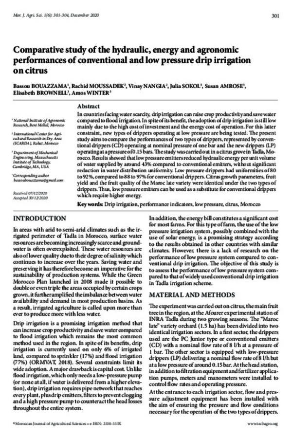 Comparative study of the hydraulic, energy and agronomic performances of conventional and low pressure drip irrigation on citrus Comparative study of the hydraulic, energy and agronomic performances of conventional and low pressure drip irrigation on citrus