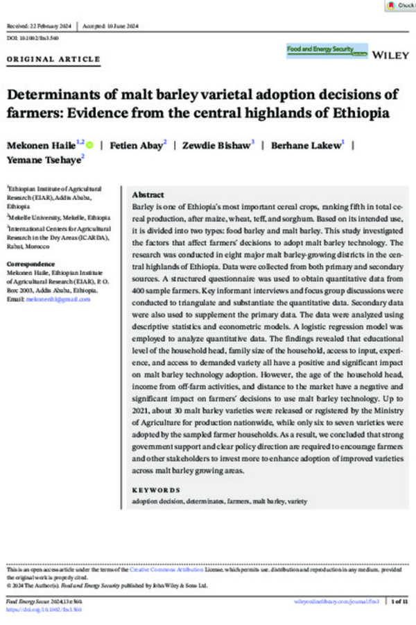 Determinants of malt barley varietal adoption decisions of farmers: Evidence from the central highlands of Ethiopia